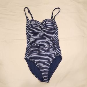 Niptuck size S/4 Swim Blue and White striped super flattering One Piece Swimsuit
